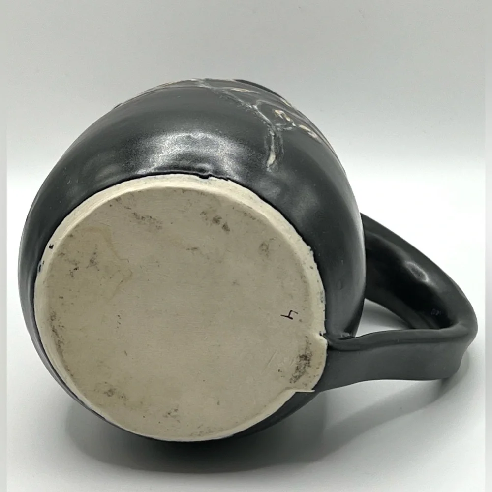 Studio Art Pottery Ceramic Black Pitcher Floral Design Heavy Decorative Vase 5.5